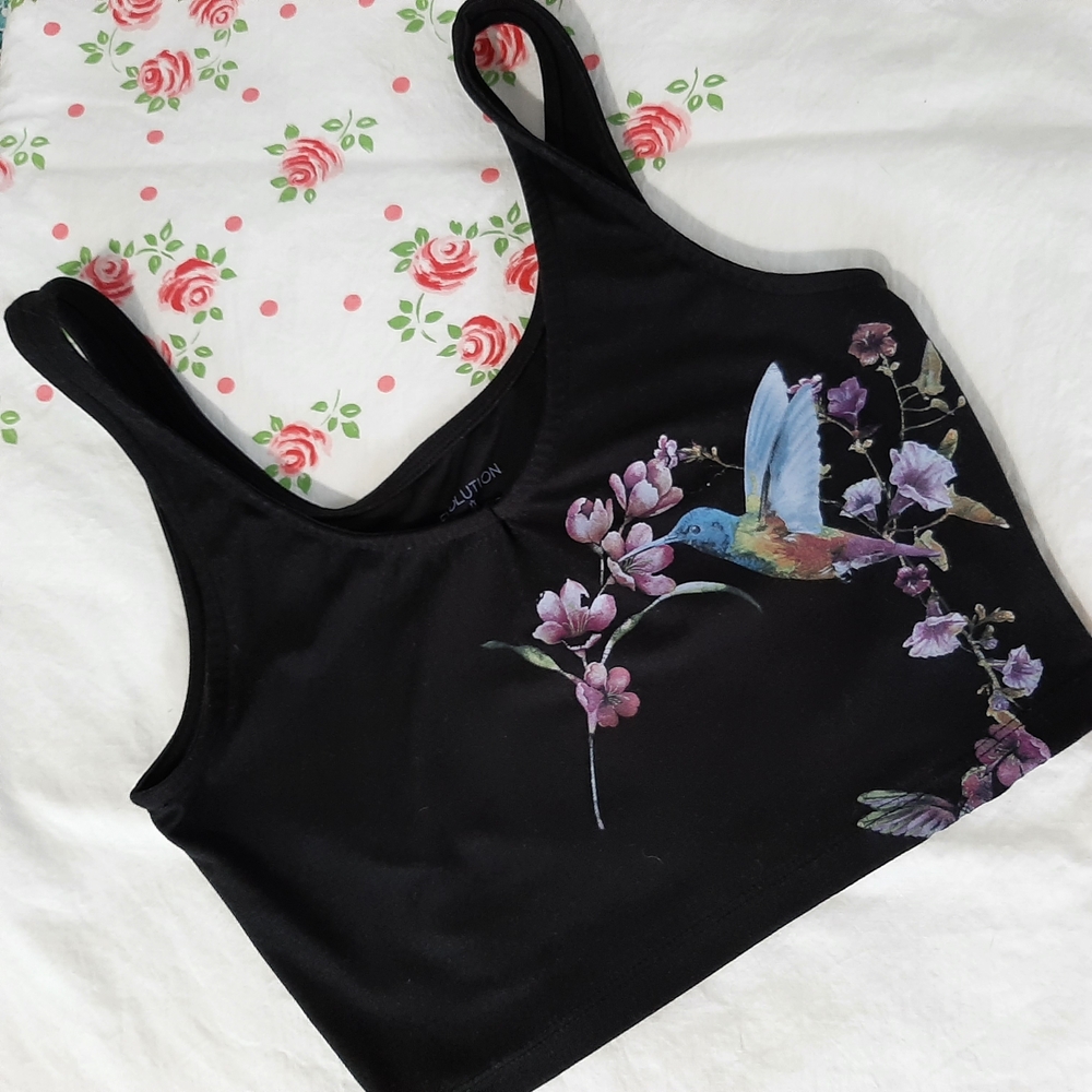 Black Crop Tank Top with Hummingbird Print